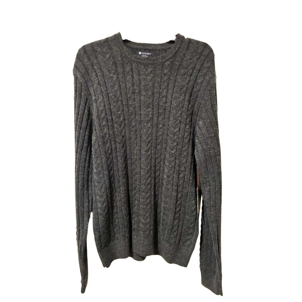 Sperry Mens Charcoal Heather Cable Knit Wool Blend Crewneck Sweater SP552 NWT M